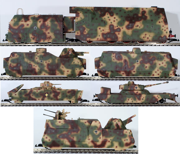 G-Gauge Model Trains- G Panzer Six Piece German Heavy Armored Panzer Train #42 - Motorized Summer Camo