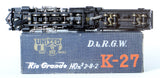HOn3 Brass Model Train - PFM Pacific Fast Mail Denver & Rio Grande Western 2-8-2 K-27 Locomotive - Custom Painted